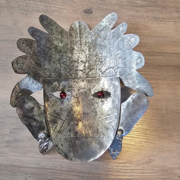 Vintage Mexican Tin Metal Mask with Beaded Eyes Folk Art Primitive Style Tribal - Picture 2 of 9